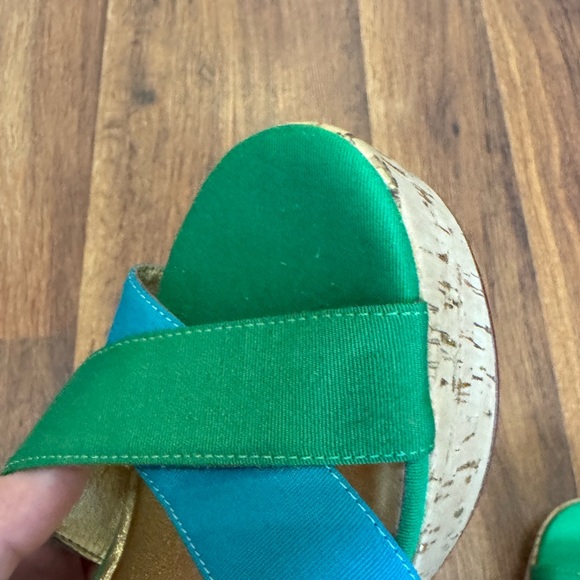 Kate Spade Retro-Inspired Platform Cork Wedge Blue/Green Spring Heels Sz 9.5 M - Picture 15 of 16